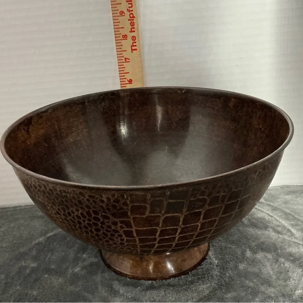 Decorative Brown Etched Metal Bowl Textured Pattern Pedestal‎ Base Made in India